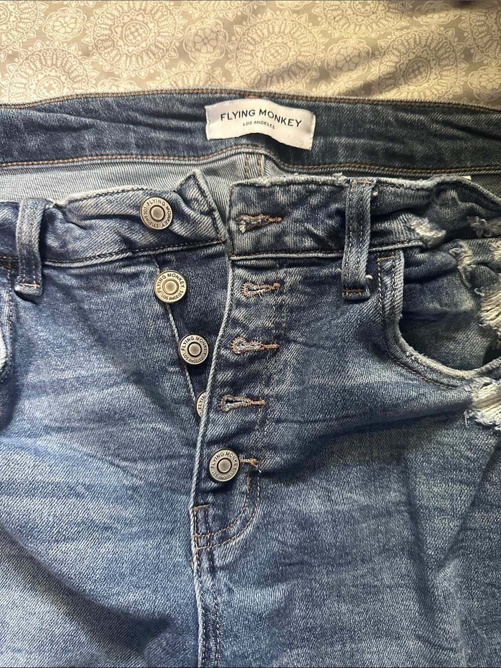 Flying Monkey High-Rise Button-Fly Distressed Blue Jeans